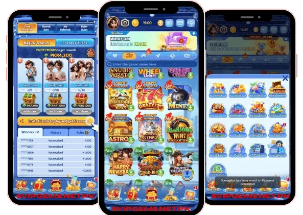 Svip Gems app home screen and game lobby
