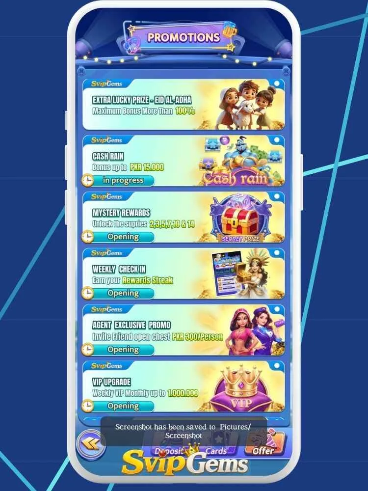 Svip Gems rewards and bonuses screen